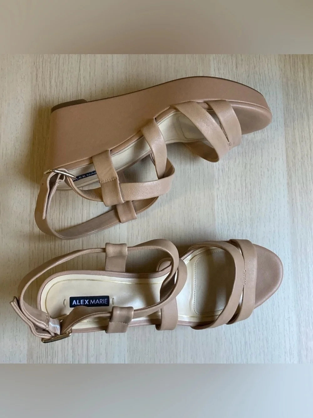 Alex Marie Nude/Tan Crisscross Wedge Sandals with Buckle, Women’s Size 9